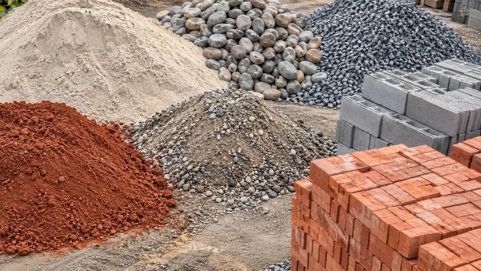 Beragam material bangunan di area penyimpanan